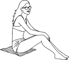 Black and white line art of a beautiful woman relaxing by the beach minimalist peaceful illustration