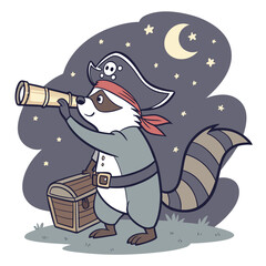 Vector art of a whimsical cartoon raccoon pirate stands on a grassy hill under a moonlit night sky, peering through a telescope with a treasure chest nearby
