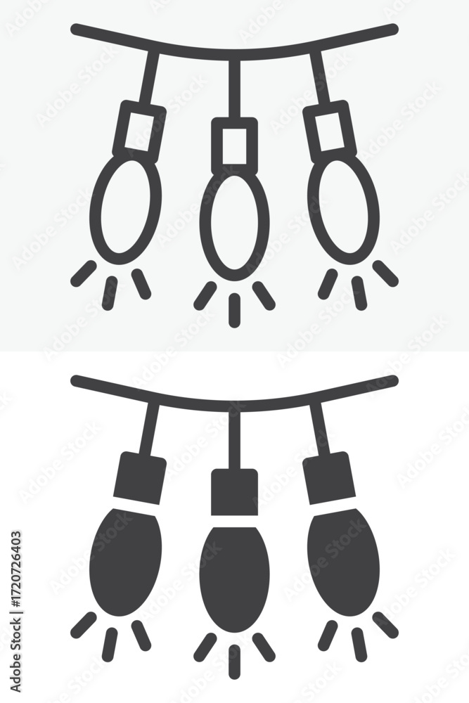Poster string lights decoration icon set in outline and solid style