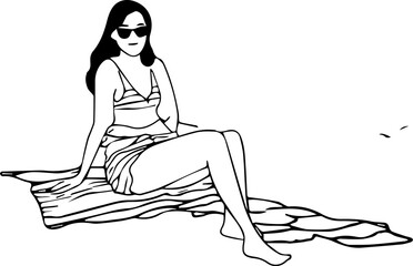 Black and white line art of a beautiful woman relaxing by the beach minimalist peaceful illustration