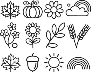 Nature Outline Icon Collection Featuring Flowers Leaves Pumpkin and Cloud Elements in Simple Line Art