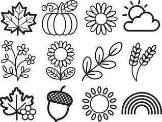 Nature Outline Icon Collection Featuring Flowers Leaves Pumpkin and Cloud Elements in Simple Line Art
