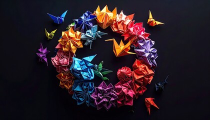 Colorful origami birds and flowers in a circle on black