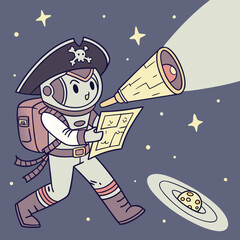 Vector art of a whimsical illustration of an astronaut pirate exploring space with a map and telescope, set against a starry backdrop with a distant planet, creating a sense of adventure