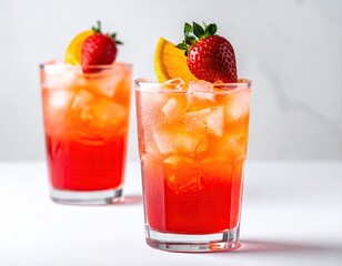 Two glasses of vibrant, chilled, reddish cocktail.  Garnished with strawberry and orange slices