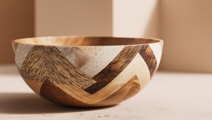Fototapeta premium A handcrafted wooden bowl with a geometric, chevron pattern in various shades of brown and beige sits on a neutral surface, illuminated by soft light