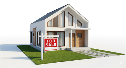 Modern white family house with a "FOR SALE" sign in front, green lawn, and minimalist design, isolated on a bright transparent background.