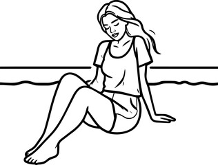 Black and white line art of a beautiful woman relaxing by the beach minimalist peaceful illustration