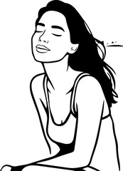Black and white line art of a beautiful woman relaxing by the beach minimalist peaceful illustration