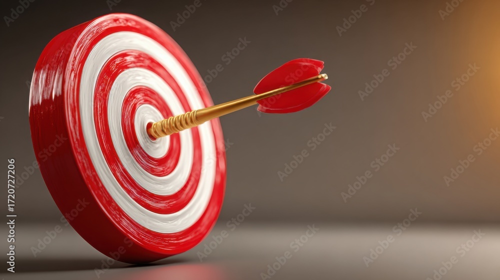 Poster red with gold arrow centered representing clean goal icon concept and ultimate aim of success in bus