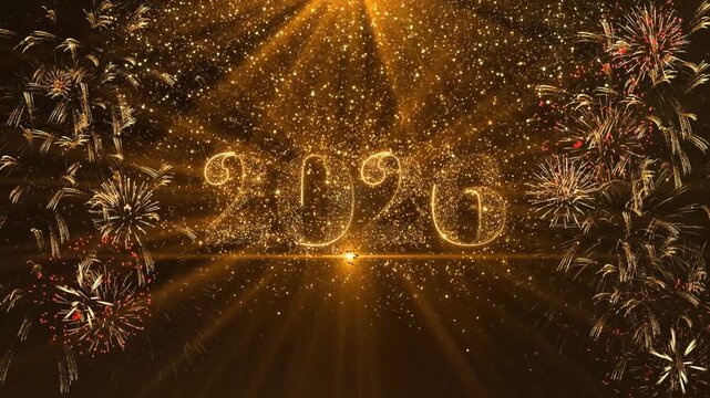 Happy new year 2026 gold background greetings gold shining line trails sparkling 4k 2026 Celebration Festive clock countdown, falling confetti light effects. Luxury festive holiday postcard invitation