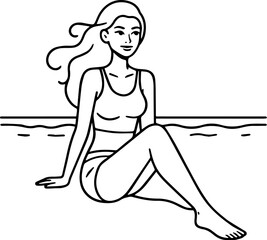 Black and white line art of a beautiful woman relaxing by the beach minimalist peaceful illustration