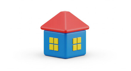 Simple Blue 3D Cartoon House with Red Roof and Yellow Windows on Isolated transparent background