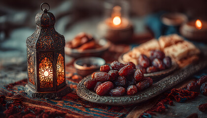 Ramadan table in a flat lay view, displaying dates and a lantern, embodying the spirit of Ramadan Kareem