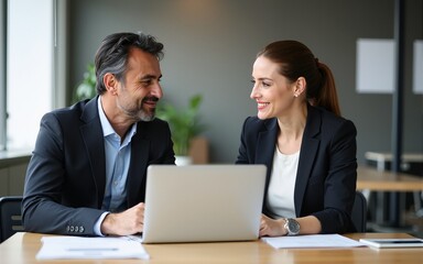 Team of diverse partners sitting at table mature Latin business man and European business woman discussing project on laptop in office. Two colleagues of professional business people working together.