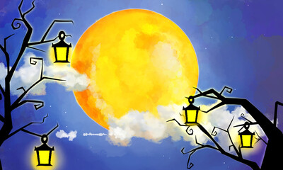 halloween night background★ダークファンタジーな夜空の風景背景