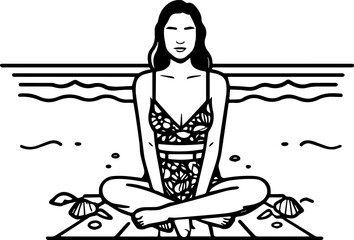 Black and white line art of a beautiful woman relaxing by the beach minimalist peaceful illustration