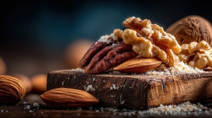 Fototapeta premium Close-Up of Assorted Nuts on Wooden Board with Salt Garnish