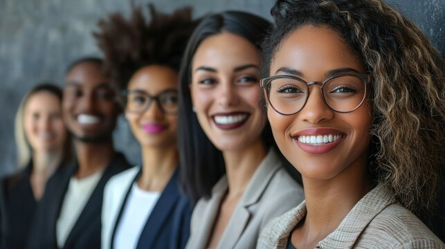 A diverse group of business professionals standing in a row, smiling and looking at the camera.
