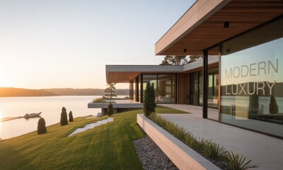 Fototapeta premium Modern luxury home overlooking a serene lake at sunset