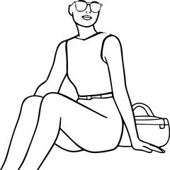 Black and white line art of a beautiful woman relaxing by the beach minimalist peaceful illustration