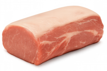 Raw pork loin roast cut, uncooked fresh pork meat block with fat cap, preparing for cooking, transparent background
