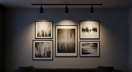 Modern interior wall display with abstract art pieces, illuminated by track lighting.