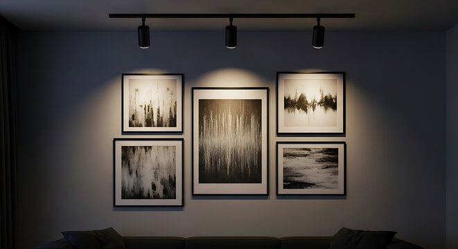 Modern interior wall display with abstract art pieces, illuminated by track lighting.