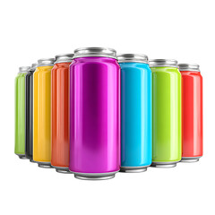 Colorful collection of soda cans isolated on transparent background