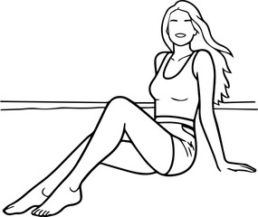 Black and white line art of a beautiful woman relaxing by the beach minimalist peaceful illustration