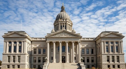 A majestic, light beige state capitol building stands tall against a partly cloudy sky, showcasing classical architectural design and symmetrical beauty.
