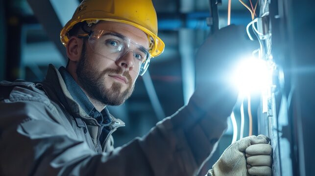 A man in a yellow hard hat and safety glasses welding a metal structure in a factory setting. - Powered by Adobe