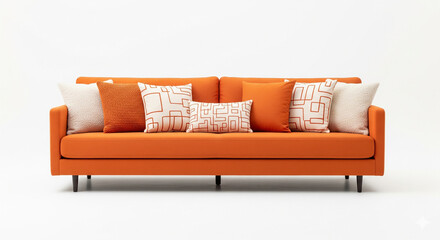 Comfortable Orange Sofa with Decorative Cushions on Isolated transparent background