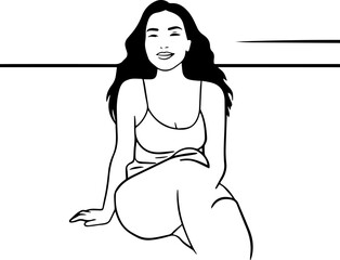 Black and white line art of a beautiful woman relaxing by the beach minimalist peaceful illustration