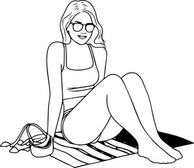 Black and white line art of a beautiful woman relaxing by the beach minimalist peaceful illustration