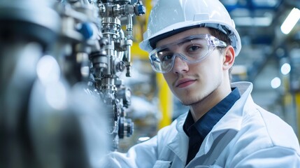 A young man in a white hard hat and safety glasses, wearing a white lab coat, working in a factory or industrial setting.