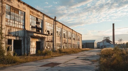 An old, abandoned factory with a dilapidated exterior and a cloudy sky in the background.