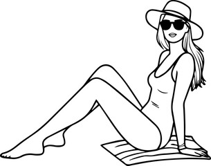 Black and white line art of a beautiful woman relaxing by the beach minimalist peaceful illustration