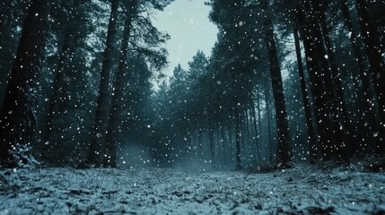 Enchanted Winter Forest: A Snowy Path Through Tall Trees
