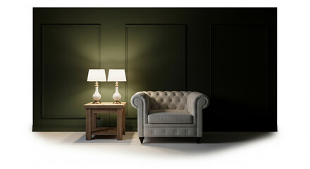 Elegant Tufted Armchair with Two Illuminated Table Lamps on a Wooden Side Table against a Dark Green Wall