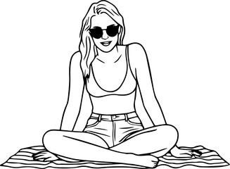 Black and white line art of a beautiful woman relaxing by the beach minimalist peaceful illustration