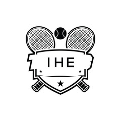 IHE Tennis Company logo. IHE Racket and Ball logo design for entrepreneur and business. IHE Athletic Branding best icon.
