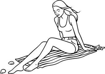 Black and white line art of a beautiful woman relaxing by the beach minimalist peaceful illustration