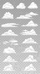 Various cartoon cloud shapes on a transparent background, perfect for graphic design projects.