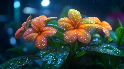Close-Up of Orange-Petaled Flowers (Likely Impatiens): Covered in Sparkling Drops, Dark Blurred Background with Blue & White Bokeh Lights
