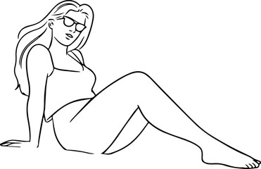 Black and white line art of a beautiful woman relaxing by the beach minimalist peaceful illustration