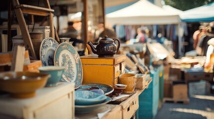 A flea market stall with various items for sale, including plates, a teapot, and boxes.