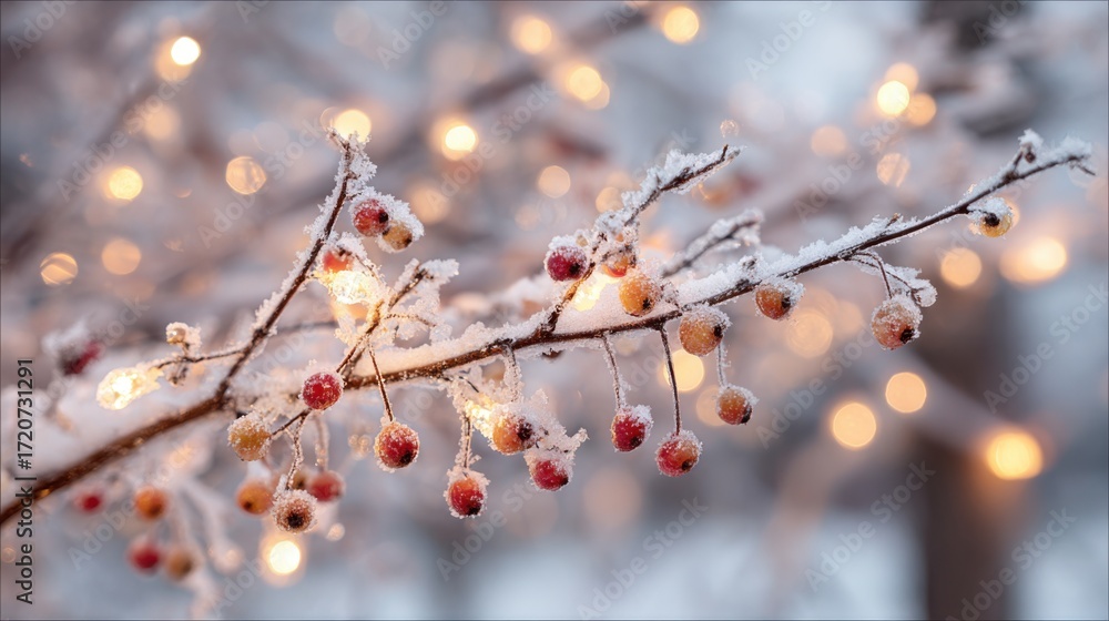 Poster snow blankets branches that hold colorful berries while warm lights twinkle around them creating a c