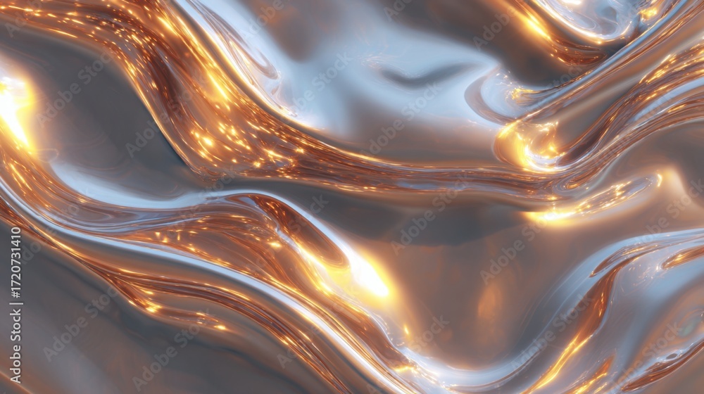 Poster a smooth wavy surface displays a mix of metallic hues showcasing bright reflections and warm tones. 