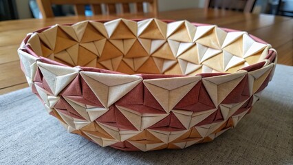 Fototapeta premium Decorative origami bowl with geometric triangle pattern in neutral and earth tone colors